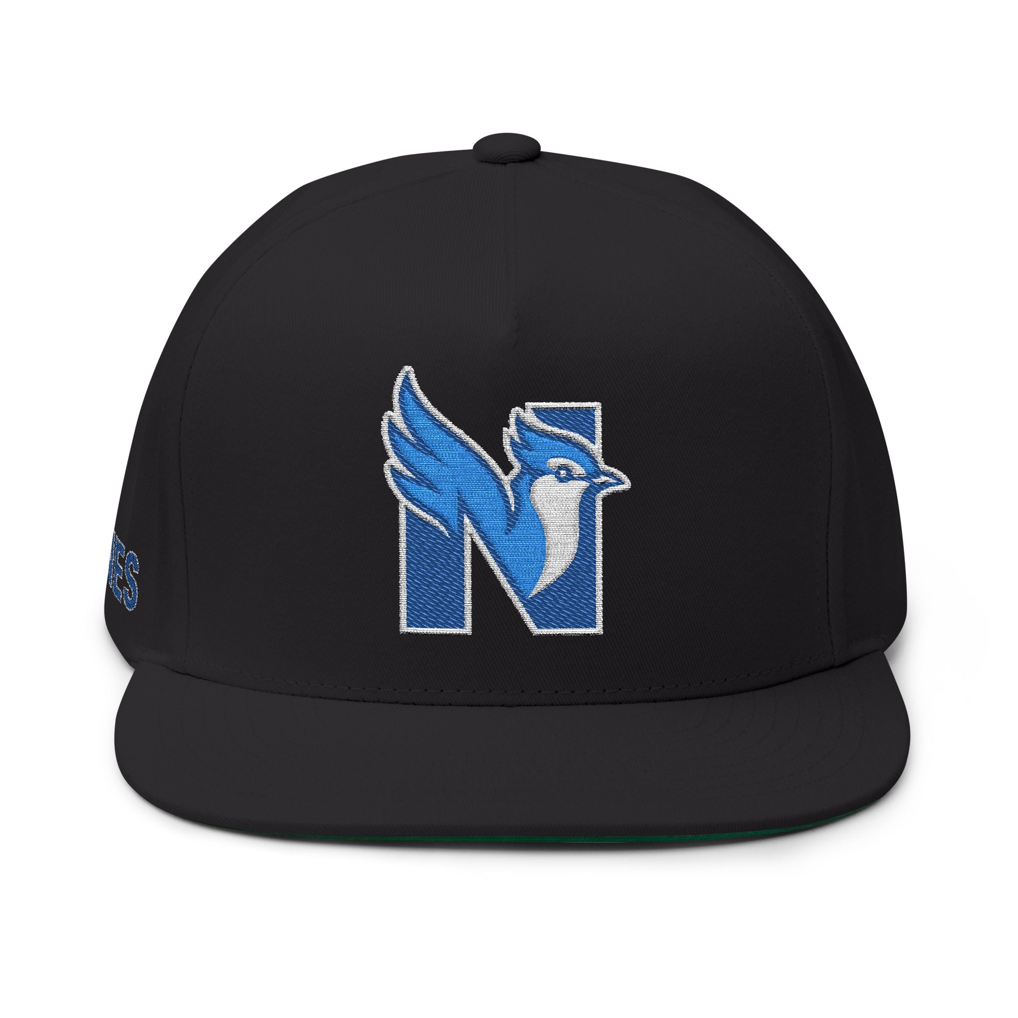 Embroidered Flat Bill Cap — Blue Jay 'N' Logo (Newfields)