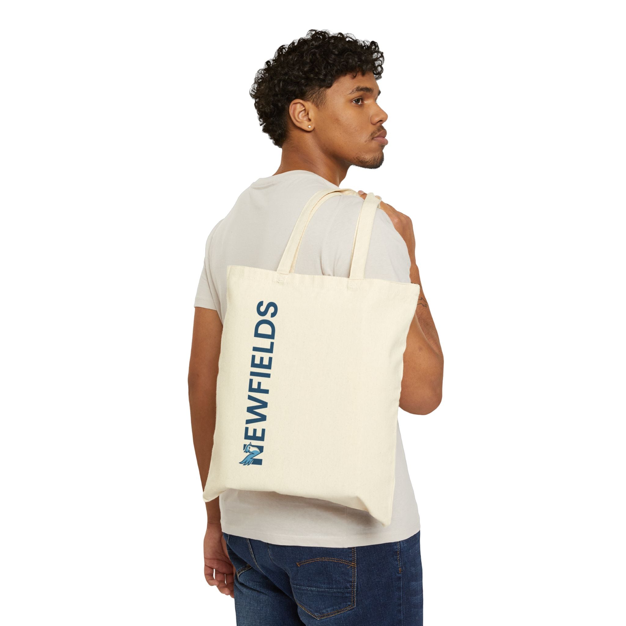 Newfields Blue Jay Tote Bag — Canvas Cotton Eco Grocery Tote with"N" Logo and ‘NEWFIELDS’ Vertical Logo
