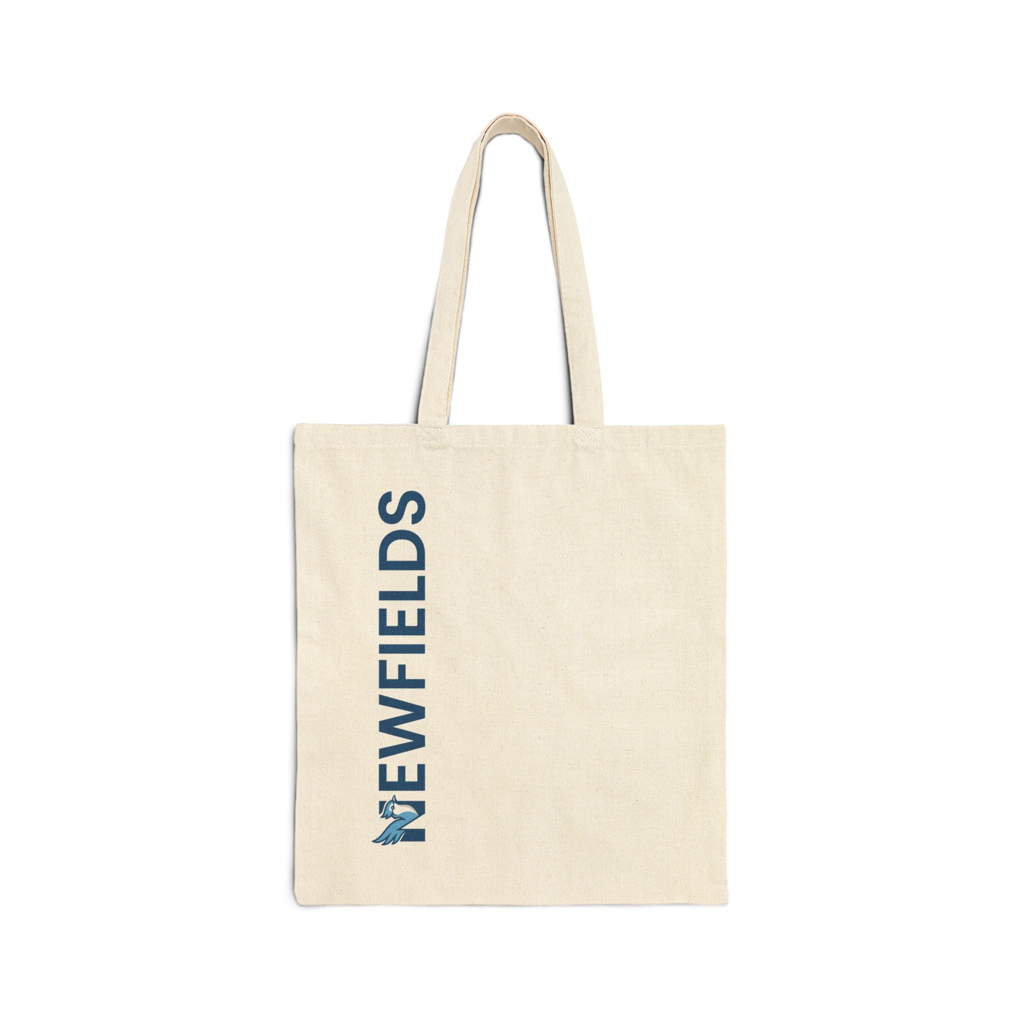 Newfields Blue Jay Tote Bag — Canvas Cotton Eco Grocery Tote with"N" Logo and ‘NEWFIELDS’ Vertical Logo