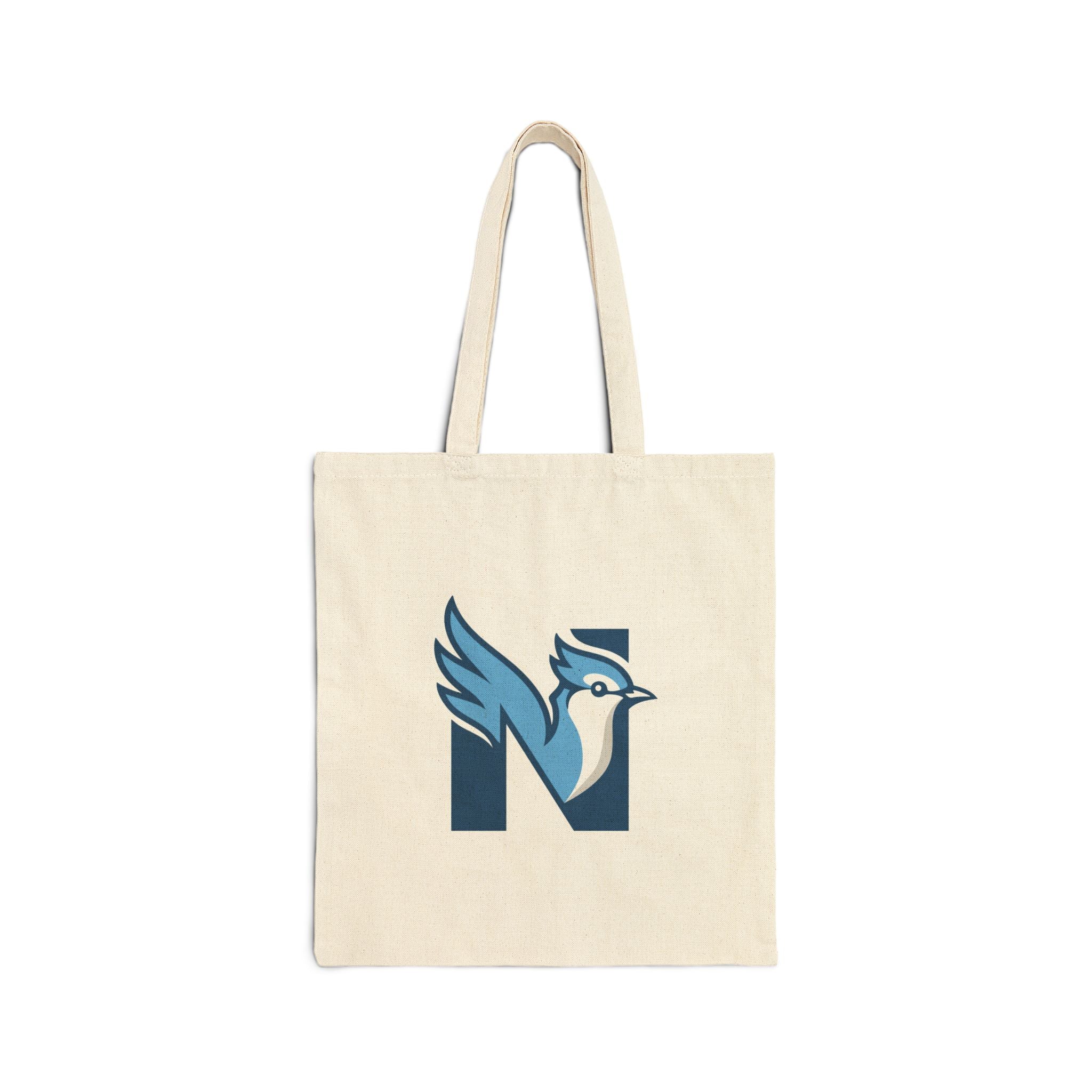Newfields Blue Jay Tote Bag — Canvas Cotton Eco Grocery Tote with"N" Logo and ‘NEWFIELDS’ Vertical Logo